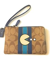 Shoes: Coach Pac-Man Signature Striped Corner Zip Wristlet, F56715 (Khaki / Denim)