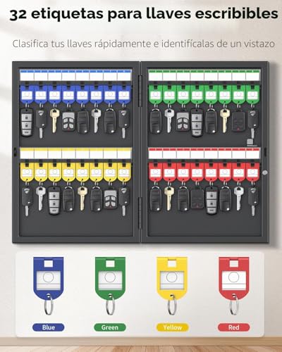 Uniclife 32 Position Key Lock Box, Wall Mount Key Box, Car Key Organizer with Key Holders and Writable Labels, Security Key Cabinet
