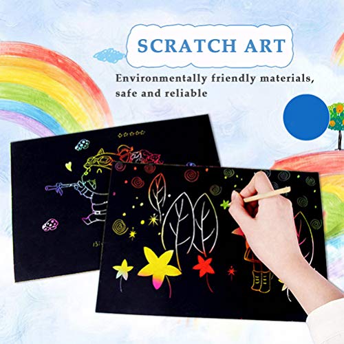 YANSHON 100 Piece Rainbow Magic Scratch Paper, Black Doodle Pad with Rainbow Background for Kids, Scratch Off Art Notes Boards with 10 Wooden Stylus and 4 Drawing Stencils