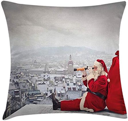 OQUYCZ Christmas Throw Pillow Cushion Cover, Santa Claus Sitting on Roof Top Looking Through Binoculars Cloudy Cityscape, Decorative Square Accent Pillow Case, 18 X 18 Inches, Red Light Grey