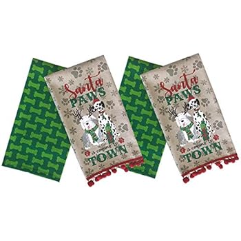 Newbridge Whimsical Christmas Dogs Fabric Holiday Dish Towel Set - Santa Paws and Dog Bones - 4 Piece Kitchen Towel Set