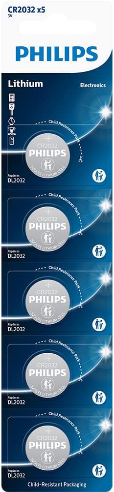 Bateria Philips do tipo moeda CR2032 3V lítio com pack 5 unidades CR2032P5B/59