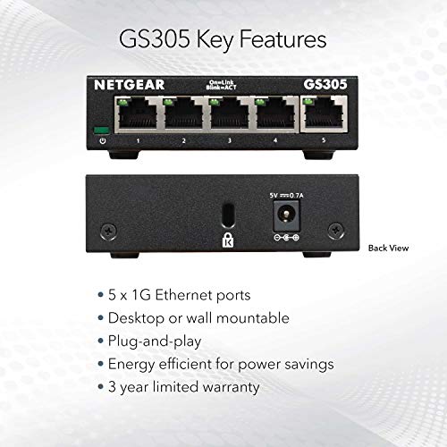 NETGEAR 5 Port Gigabit Ethernet Unmanaged Switch GS305 Home Network Hub Office Ethernet 