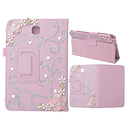 Evtech(tm) Bling Crystal Rhinestone Case for Samsung Galaxy Tab A 8.0 T350 Folio Case - Slim Fit Premium Vegan Leather Cover for Samsung Galaxy Tab A 8.0 Inch Tablet
