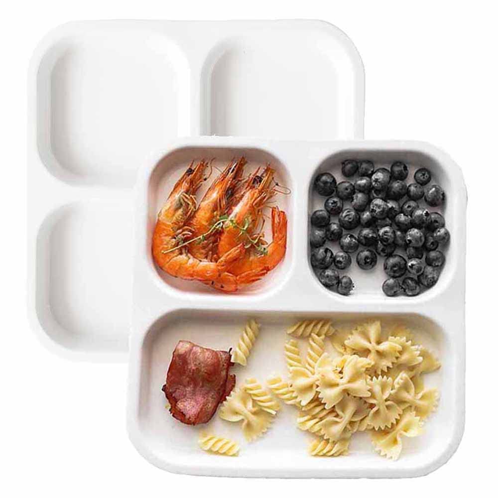 TAMUME White Porcelain Plate with 3 Compartments, Portion Control Plate with Sections for Adults, Set of 2 (Square *2)