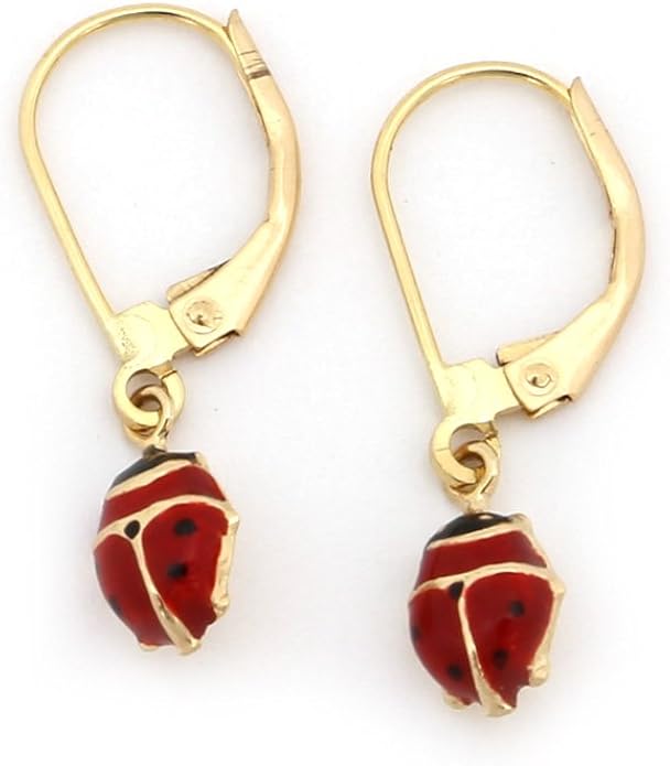 14k Yellow Gold Enamel Ladybug Dangle Earrings Jewelry
