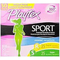 Playtex Sport Tampons with Flex-Fit Technology, Regular & Super Multi Pack, Unscented - 50Count