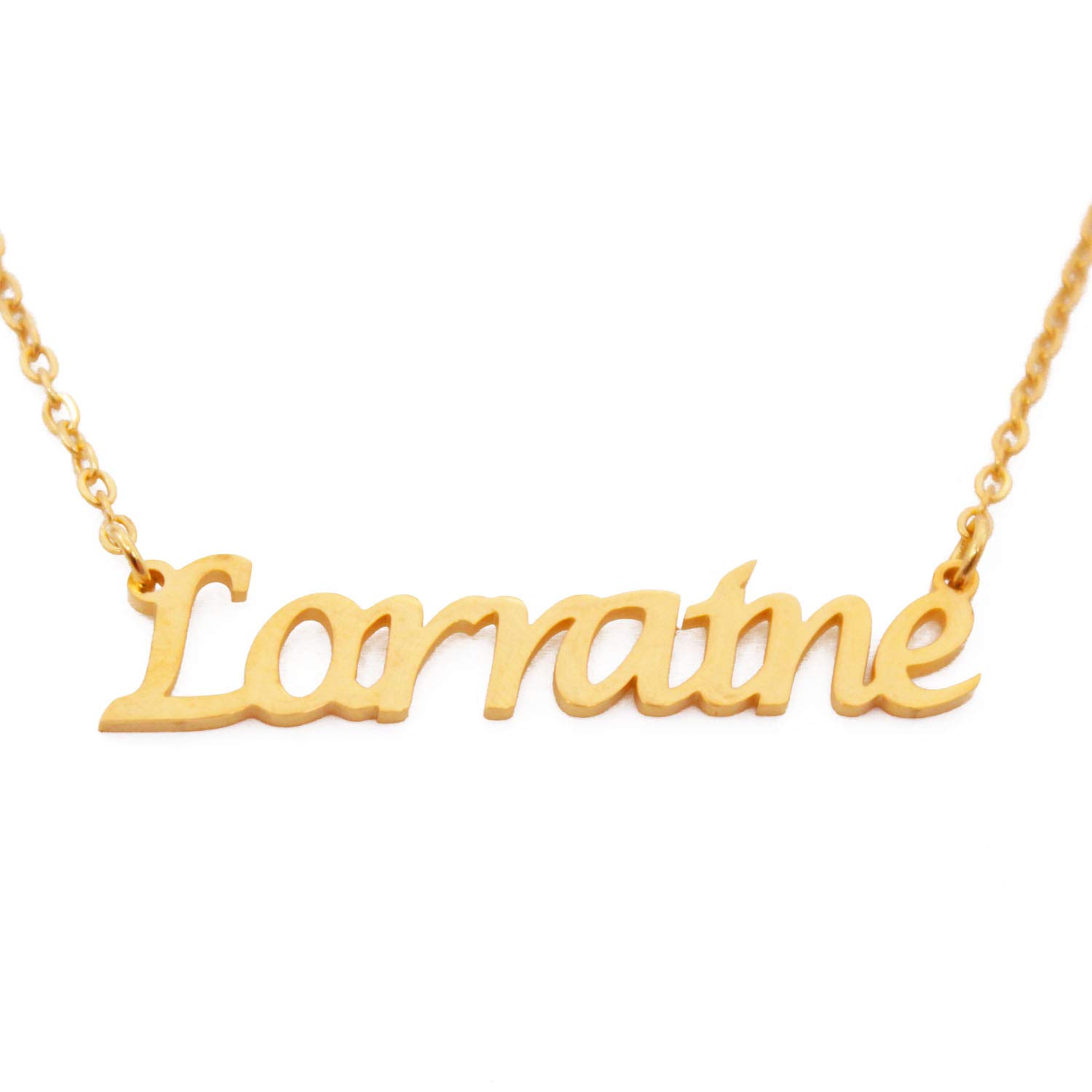 Kigu Lorraine Name Necklace Personalised 18ct Gold Plated, Custom Dainty Name Pendants, Jewellery for Ladies, Girlfriend, Mother, Sister, Friends Inc Bag & Box
