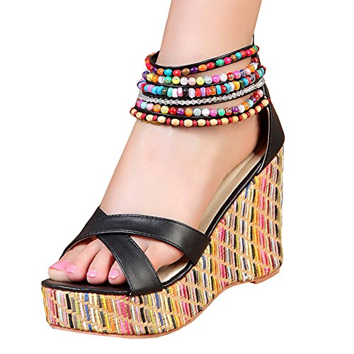 Getmorebeauty women s black weave wedge with pearls across the to…