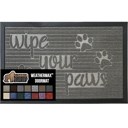GORILLA GRIP 100% Waterproof All-Season WeatherMax Doormat US Designed Natural Rubber, Stain and Fade Resistant, Low Profile Indoor Outdoor Door Mats, Easy Clean Patio Mat, 17x29, Stone Paws