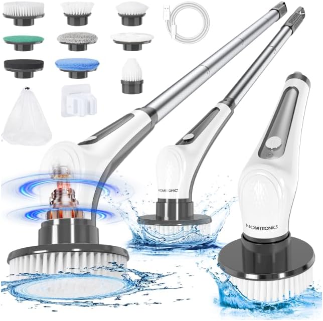 Homtronics Cordless Electric Spin Scrubber, IPX8 Waterproof, 9 Brush Heads