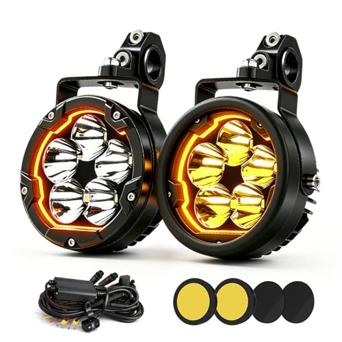 BraveWAY Additional Motorcycle Headlights 3.7 Inch 70W 16000LM DRL Amber Strobe Function Beam Combo Yellow/Black Covers U-Brackets and Tubular Cable Harness