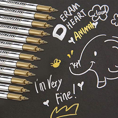 Fdit 12Pcs Acrylic Paint Set Detailed Waterproof Metallic Color Craftwork Paint Pen Gold and Silver Paint Marker for Tire Metal Surface CD Glass(Silver)