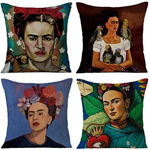 Joyi 4 Pack Frida Kahlo Self-Portrait Cotton Linen Throw Pillow Case Car Cushion Cover 18"x18",Pattern 16