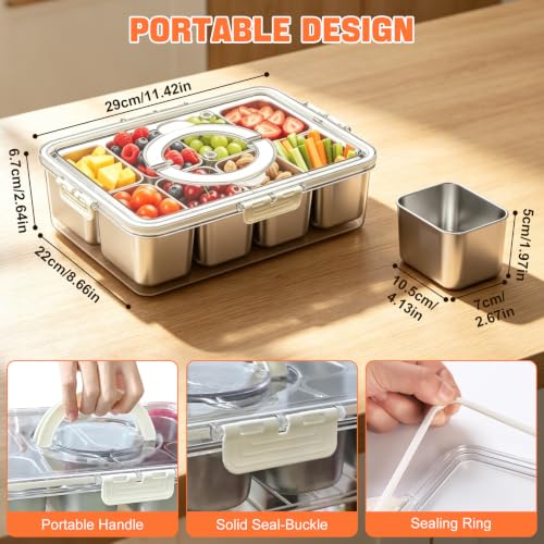 Kezidhp Snack Box con Cuencos Aperitivos - 8 compartimentos de acero inoxidable, con tapa, recipiente portátil con asa, para snacks, caramelos, galletas, verduras, frutos secos, frutas, especias