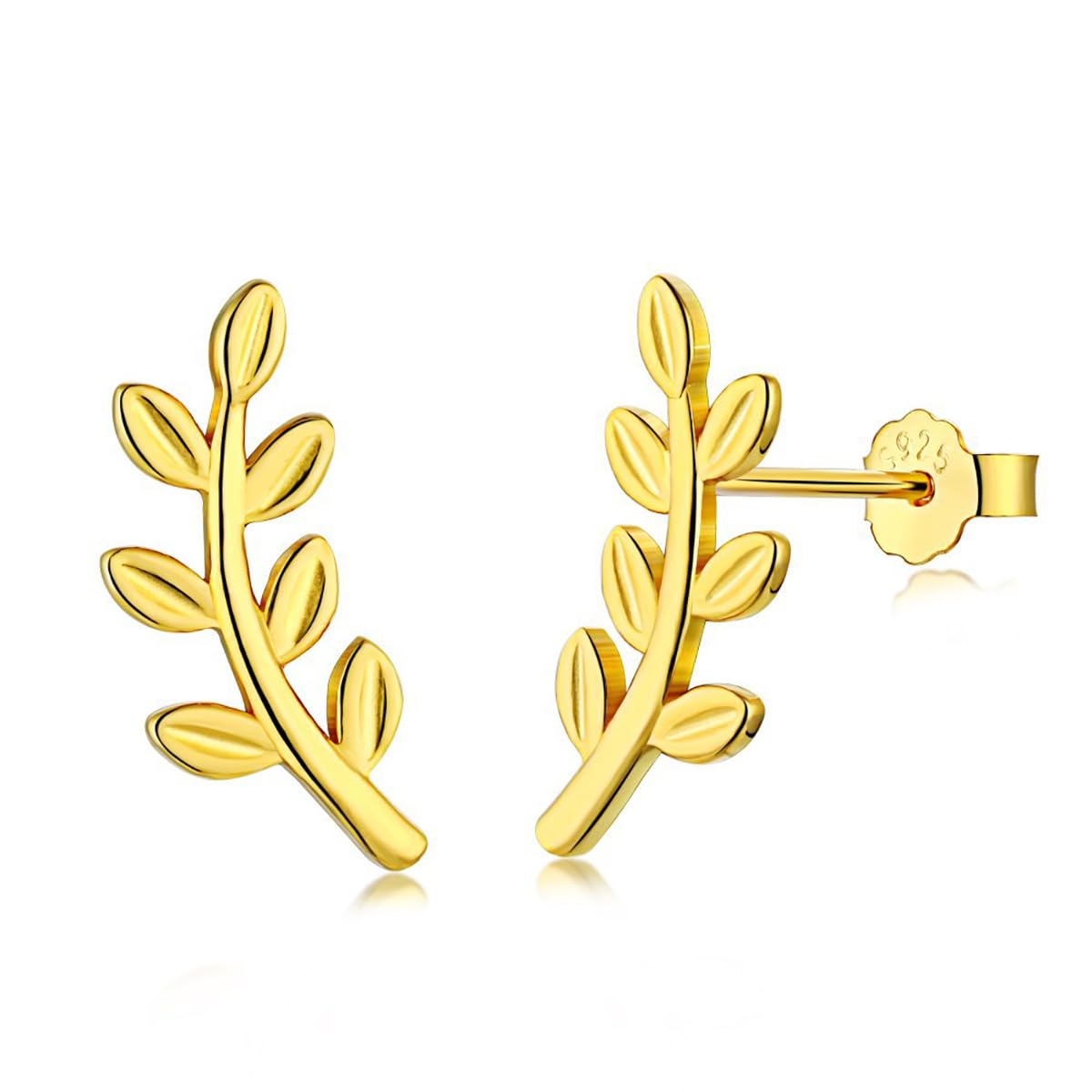 Photo 1 of Cute Leaf Stud 925 Sterling Silver Earrings for Women Hypoallergenic 14K Gold Plated Small Olive Leaves Branch Cartilage Ear Climbers Studs Fashion Minimalist Prom Jewelry (14K Gold Plated)