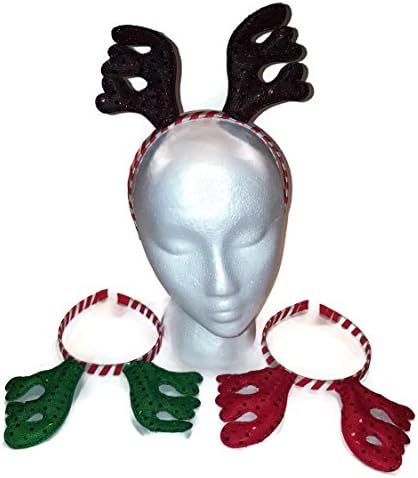 Set of 3 Candy Cane Stripe Headbands with Green Red and Brown Sequined Reindeer Antlers