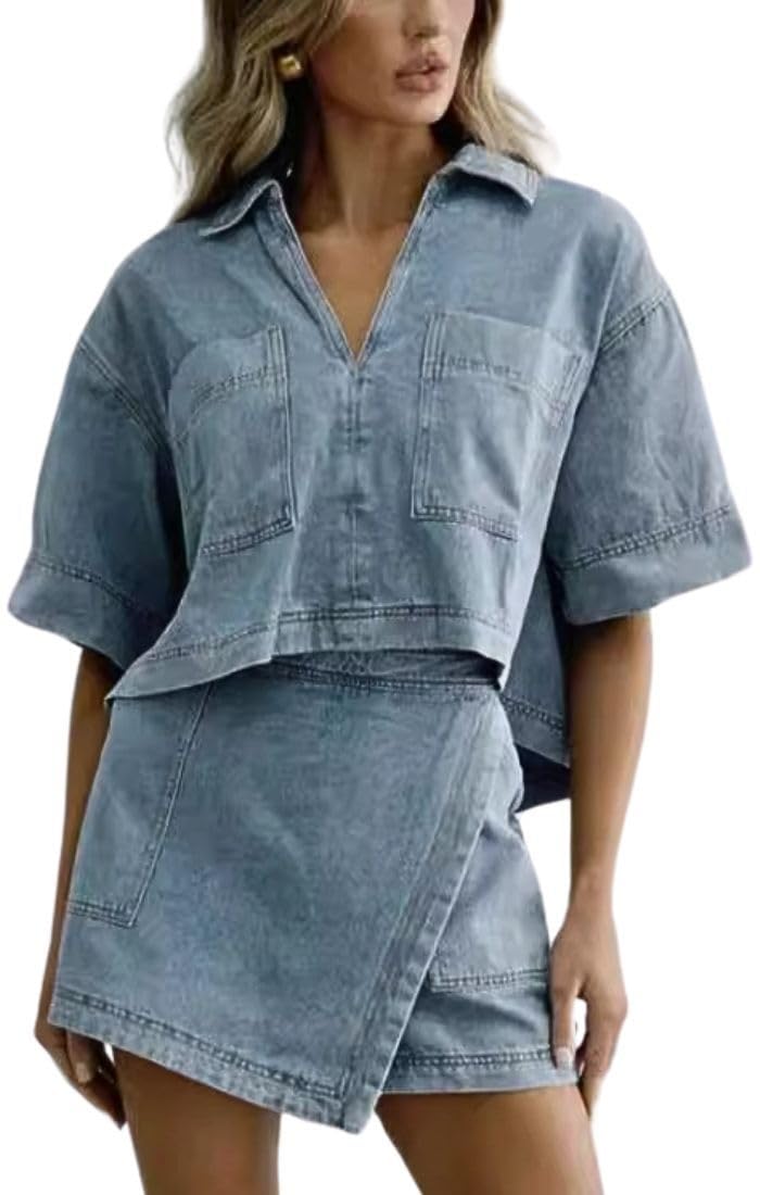 Photo 1 of (LARGE) (USED/FAIR) (BAGGED) ROMRUM Women's Denim 2 Piece Outfits Summer Lapel V Neck Crop Top High Waisted Jean Mini Skirt Shorts Set with Pockets(Large, BlueB)