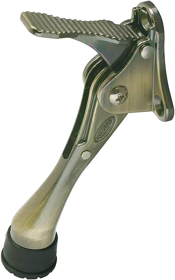 One-touch semi-automatic door stop - 4 inch door stopper with a height-adjustable rubber (Antique Brass)