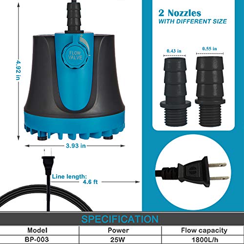 TOPBRY 400GPH Submersible Pump(1800L/H, 25W), Submersible Water Pump, Ultra Quiet Fountain Pump with 2 Nozzles, 5.9ft Power Cord for Fish Tank, Aquarium, Pond, Hydroponics, Statuary (Black - 400GPH)