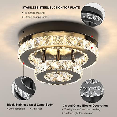 ECOBRT Mini Crystal Chandeliers Modern Black Flush Mount Ceiling Light Surface Mount Led Ceiling Light Bedroom Ceiling Lights Indoor 9.8