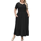 ELifegoo Plus Size Summer Maxi Dress for Curvy Women A-Line Swing T-Shirt Dress with Pockets Casual Everyday Wear ELG002