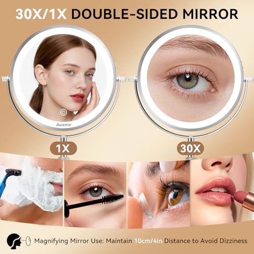 Auxmir 1X/30X Magnifying Mirror with Light, 9” Adjustable Height Makeup Mirror, Rechargeable Lighted Mirror with 3 Color Modes & Dimmable, Double Sided Vanity Mirror for Shaving, Tweezing