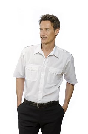 Nordhandel Pilotenhemd, 100% Baumwolle, abnehmbare Schulterklappen, Kurzarm Herren Weiß