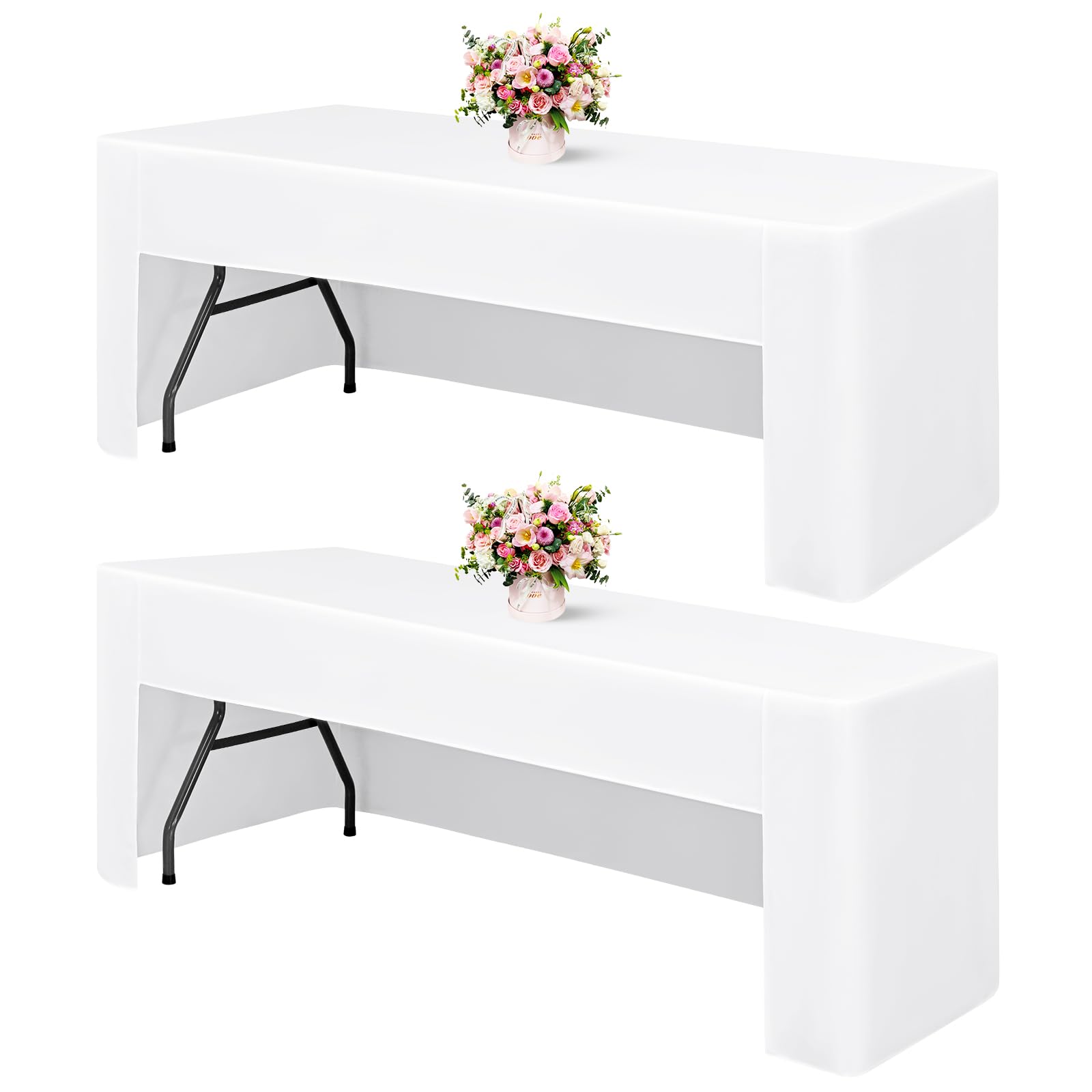 2 Pack White Table Cover for 8 Foot Tables, Open Back Fitted Tablecloth 8ft Rectangle Folding Table Cover, Washable Fabric Trade Show Table Cover Craft Show, Display, Parties, Wedding, Events