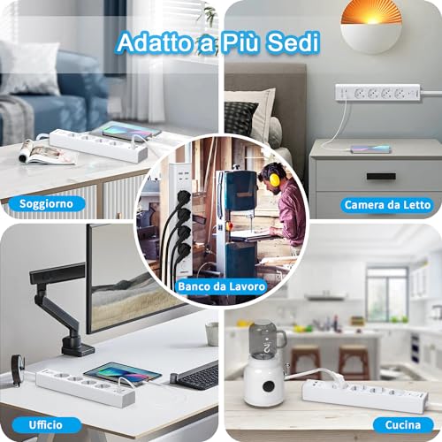 TOPREK Electrical Power Strip with 4 Universal Sockets ITA 10/16A and Schuko and 2 USB C and 2 USB A, 2 Metres 90° Elbow Plug, 4000W/16A, Multi Socket with Switch (Equipped with 2 Plastic Ties)
