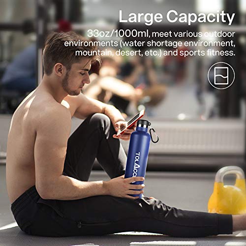 Tolaccea Stainless Steel Water Bottles BPA Free Double Walled Vacuum Insulated Sport Water Bottle 1L for Camping Hiking Cycling Beach Backpacking Running Blue