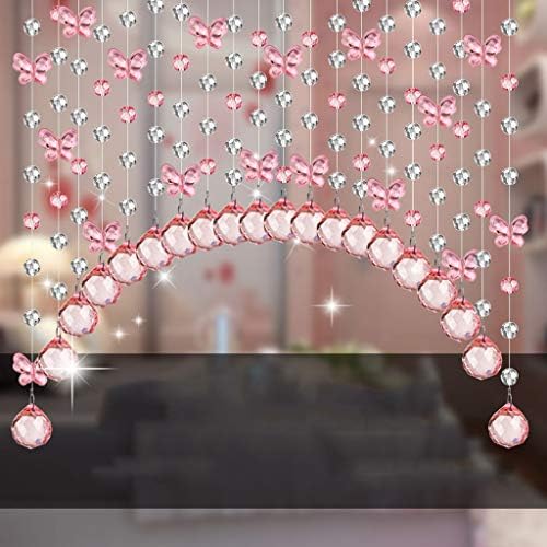 Punch Free With Rod Door String Bead Curtain, Arc Beaded Curtain Crystal Tassel Door Curtain Divider Blind for Bedroom Living Room Window Panel Room Divider-Pink-120x90Cm(47x35Inch)