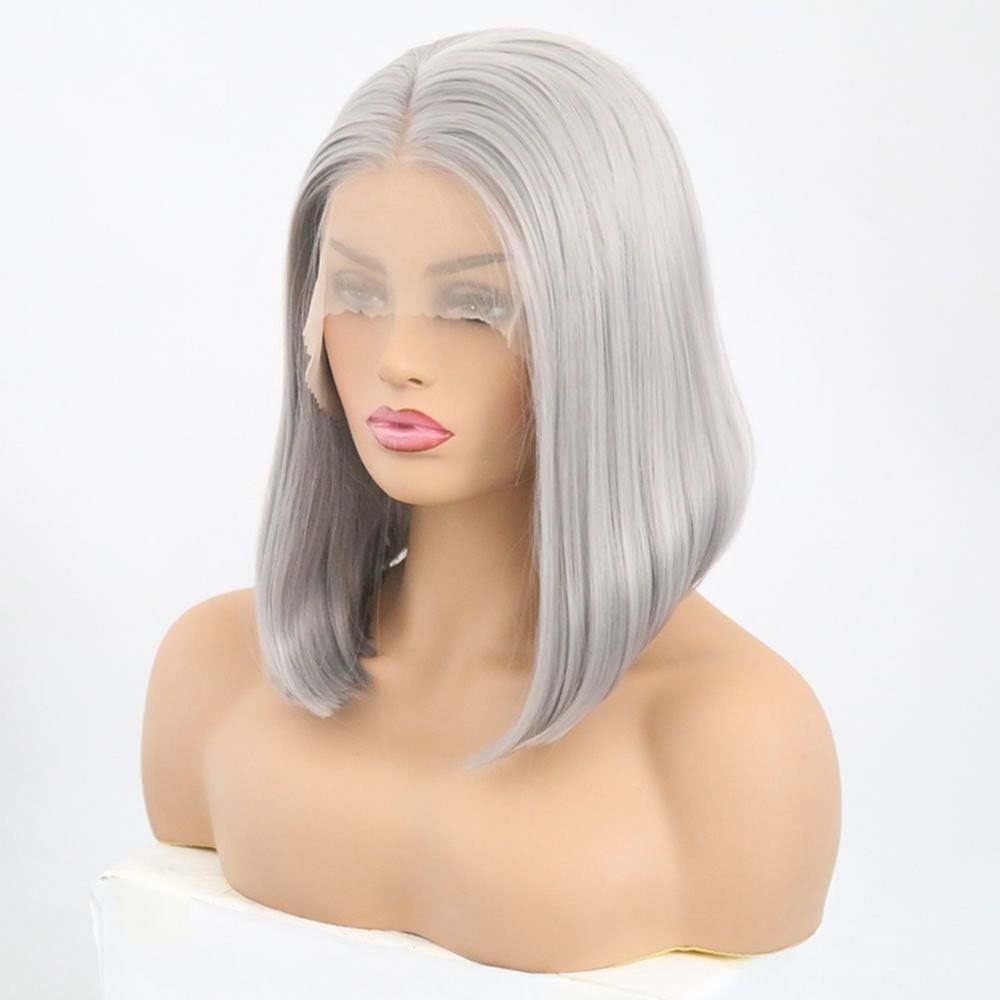 Xiweiya Silver Grey Short Straight Hair Synthetic Lace Wigs Short Bob Synthetic Lace Front Wigs For Women Platinum Blonde Heat Resistant Fiber Hair Middle Parting…