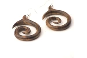 81stgeneration Wood Spiral Handmade Earrings With 925 Sterling Silver Hooks - Round Brown Wooden Discs Dangle Statement Earri