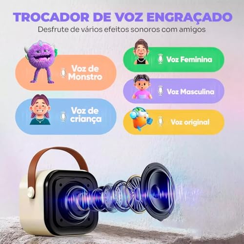 Karaoke Infantil Portátil com 2 Microfones Recarregável e Modos de Voz Divertidos - Diversão Musical para Crianças! (Rosa)