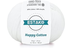 Estako Happy Cotton, 60% Cotton 40% Acrylic Yarn, Soft, Fine/Sport (2) for Crochet and Knitting 1.76 Oz (50g) / 180 Yrds (165m) (4110 - White)