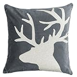 Homey Cozy Applique Gray Velvet Throw Pillow Cover, Merry Christmas Series Reindeer Horn Luxury Soft Fuzzy Cozy Warm Slik Decorative Gift Square Couch Cushion Pillow Case 20 x 20 Inch, Cover Only