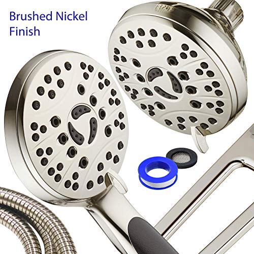 AquaSpa High Pressure 48-mode Luxury 3-way Combo with Adjustable Extension Arm - Dual Rain & Handheld Shower Head - Extra Long 6 Foot Stainless Steel Hose - All Brushed Nickel Finish - Top US Brand