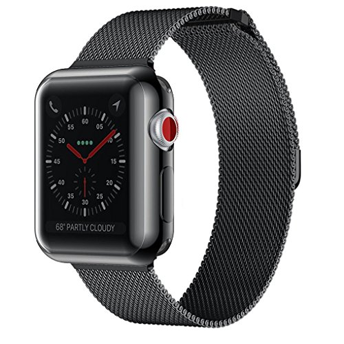 AdMaster Apple Watch Band 42mm Stainless Steel Metal Replacement Wristband Milanese Sport Strap and Apple Watch Screen Protector for Apple Watch Series 3 2 1, Black