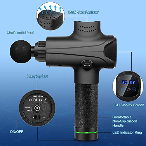 Deep Muscle Massager Gun, EKUPUZ Deep Tissue Massager Gun Percussive Massage for Athletes, Pain Relief Body Massage Gun 20 Speed & 6 Heads, Quiet Brushless Motor, Support 4-8Hours Work, LCD Display