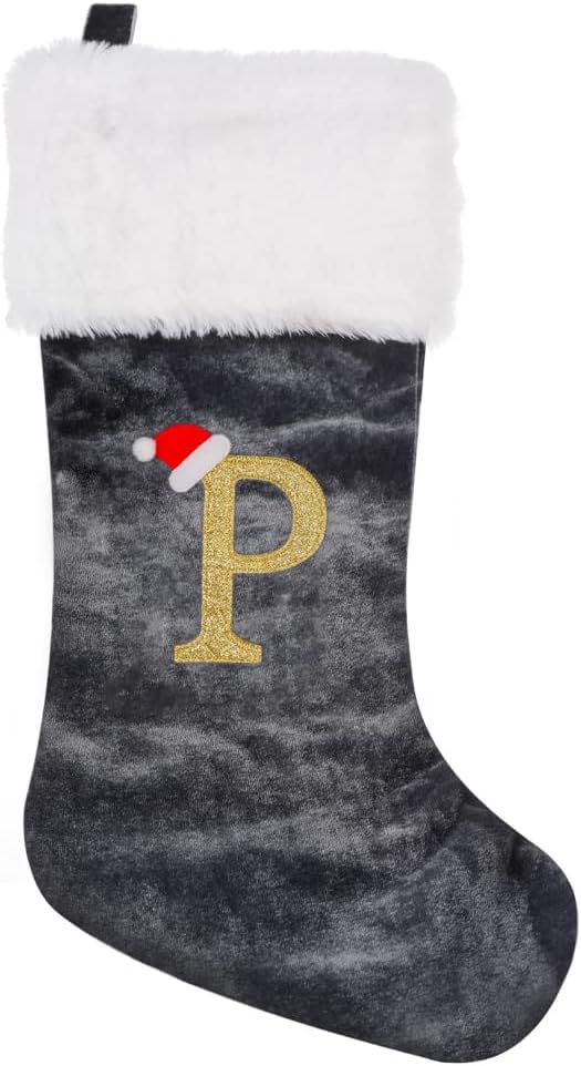 Stockings & Holders - CHRLRewa 20 Inches Initial Monogram Embroidered Christmas Stocking Grey Velvet with White Super Soft Plush Cuffs Christmas Decorations Stocking-P-46