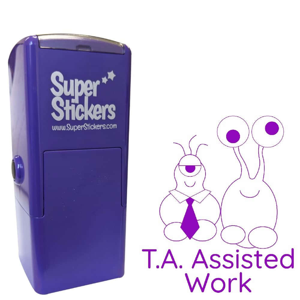 Superstickers Teacher Stamp - Education Marking Stamp - Reward Stamps for School - T.A. Assisted Work Aliens - Impression Size Approx. 23x23 mm - Violet Ink