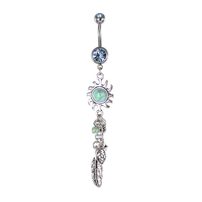 eeddoo Sonne BAUCHNABELPIERCING mit Anhänger & Kristallen- Banane Silber aus Edelstahl - 1,6X 10 mm - Piercing-Banane für Den