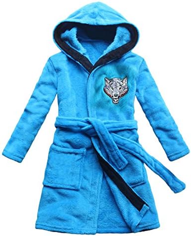 [FEETOO] Wolf Embroidery Series Children's Bathrobe Sky Blue Boy's Nightgown Coral Fleece Home Robe