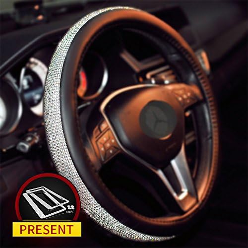 Sino Banyan Girly Diamond Bling Steering Wheel Cover with 2x Bling License,15 Inch Black & Silver
