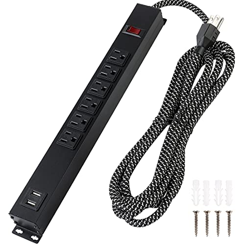 Metal Power Strip USB Ports Wall Mount Surge Protector with Long Extension Cord, Mountable 6 AC