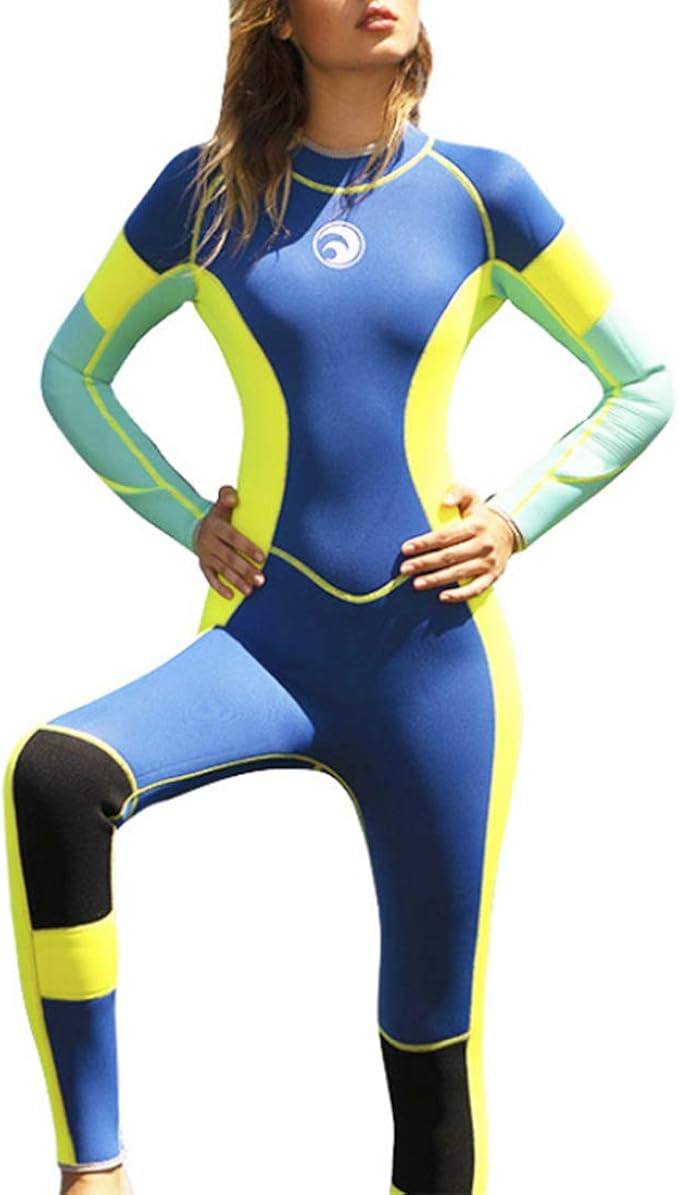 AIYAMAYA Blue Yellow Green and Black Women's Full Body Wetsuit Back Zip