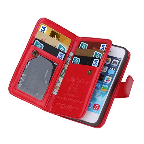 BRG 4066555 PU Leather Flip Folio Wristlet Wallet Case with 6 Card Holder and Magnetic Detachable for iPhone 5 / 5s - Red