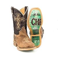 Tin Haul Youth Kids Size 5 Philippians 4:13 Bible Verse Leather Cowboy Boots Brown