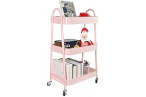 Ufriandz Pink 3 Tier Rolling Cart Laundry Storage Organizer, Metal Utility Cart with Wheels Mobile Shelves Organizer Trolley for Bathroom Kitchen Salon, with 2 Hanging Cups